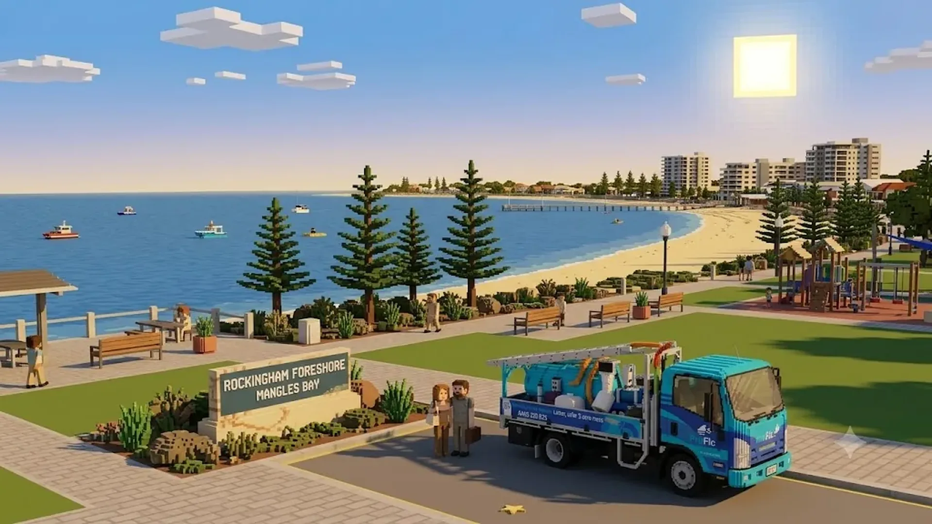 ProFlo WA vacuum gutter cleaning truck at Rockingham Foreshore Mangles Bay with Norfolk pines and the beach in the background
