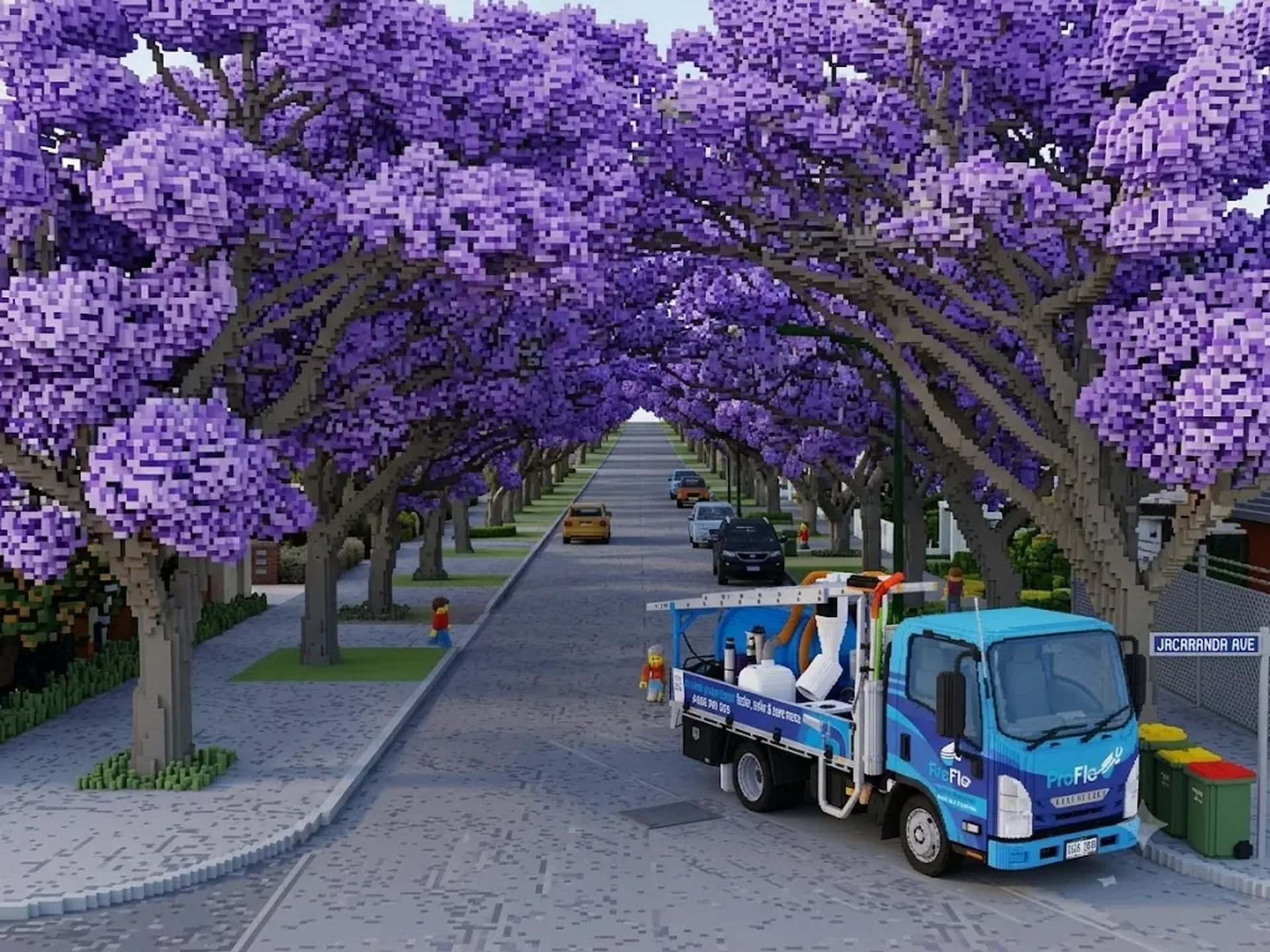 ProFlo WA vacuum gutter cleaning truck on Jacaranda Avenue Applecross, lined with stunning purple jacaranda trees in full bloom