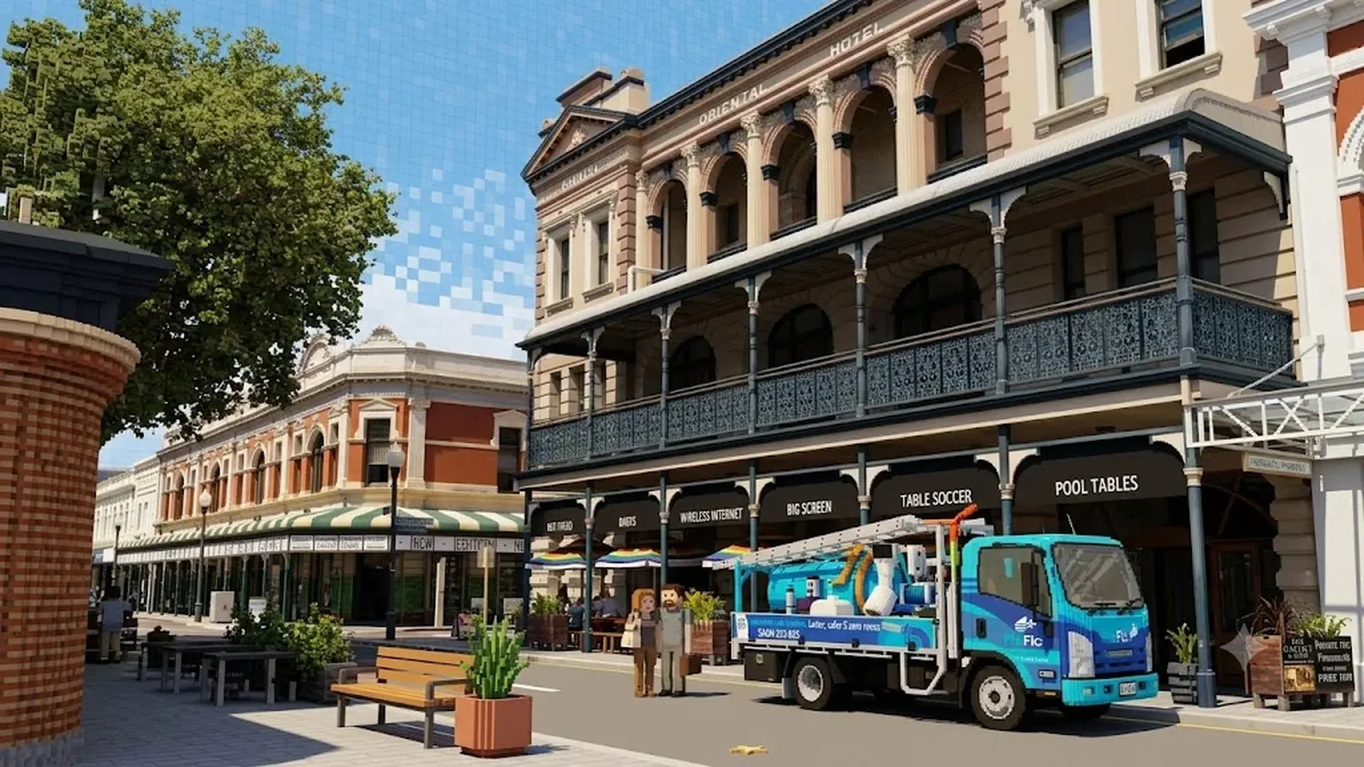 ProFlo WA vacuum gutter cleaning truck on South Terrace, Fremantle, with the historic Oriental Hotel in the voxel render background