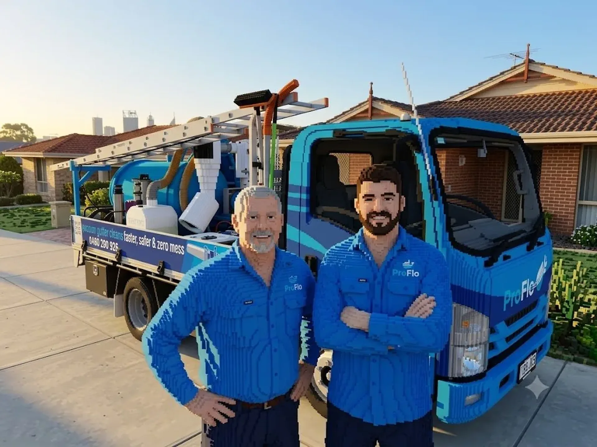 Greg and Jay Hogan founders of ProFlo WA standing in front of the ProFlo vacuum truck at a Perth property - voxel render