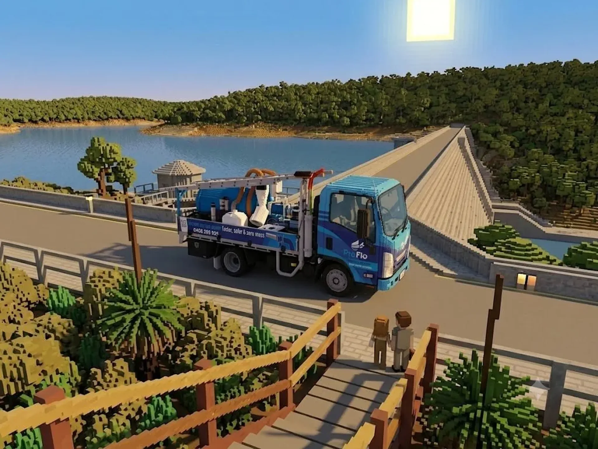 ProFlo WA vacuum gutter cleaning truck on the bridge at Mundaring Weir reservoir, surrounded by Perth Hills bushland