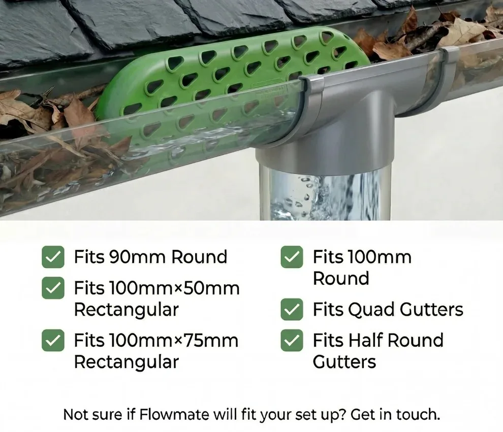 FlowMate installed at a downpipe with compatibility list: fits 90mm and 100mm round, 100x50mm and 100x75mm rectangular, quad and half-round gutters