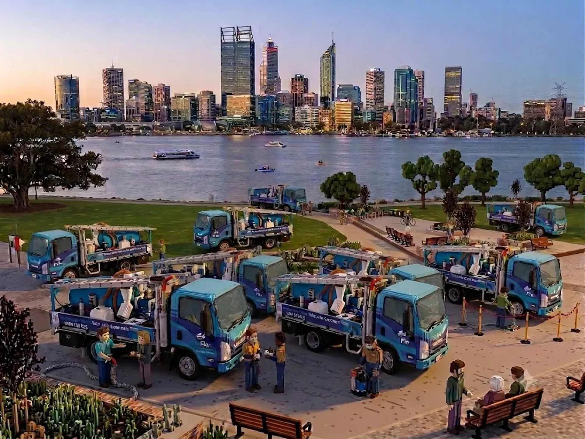 ProFlo WA vacuum gutter cleaning fleet on the Swan River foreshore with Perth CBD skyline at dusk