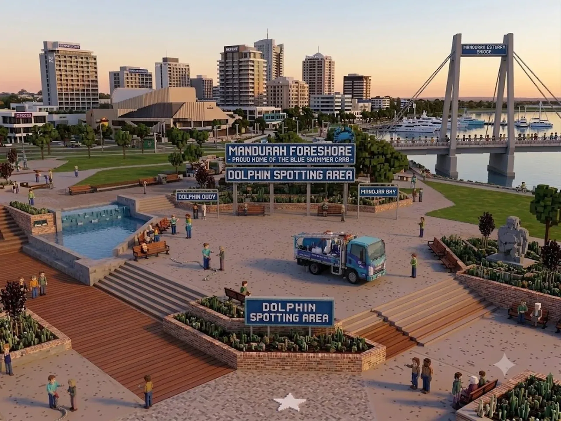 ProFlo WA vacuum gutter cleaning truck at Mandurah Foreshore, South Coast Perth - voxel render of the Mandurah estuary waterfront and marina district