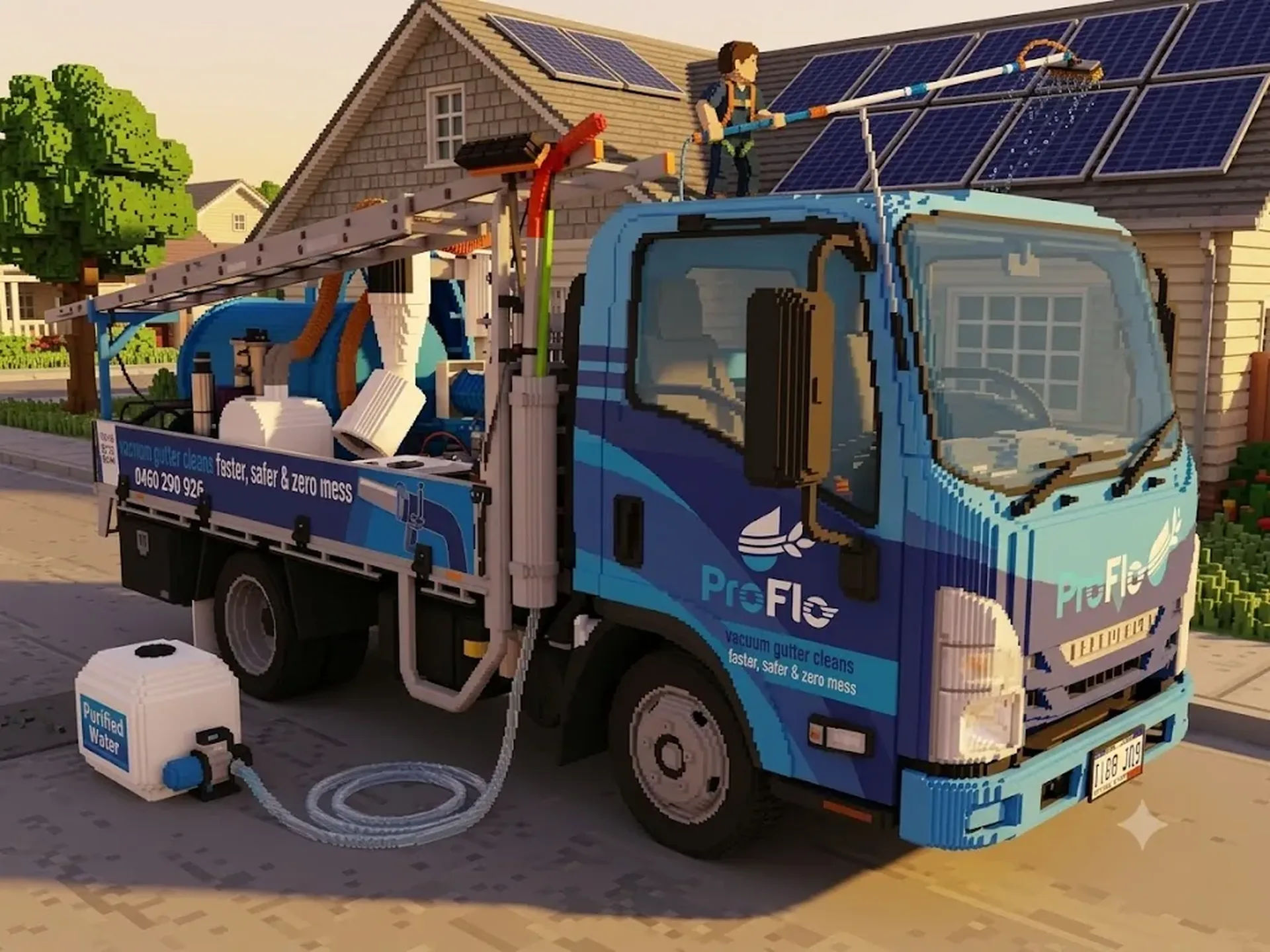 ProFlo WA vacuum truck with purified water system, crew member cleaning solar panels on a Perth home roof using an extension pole
