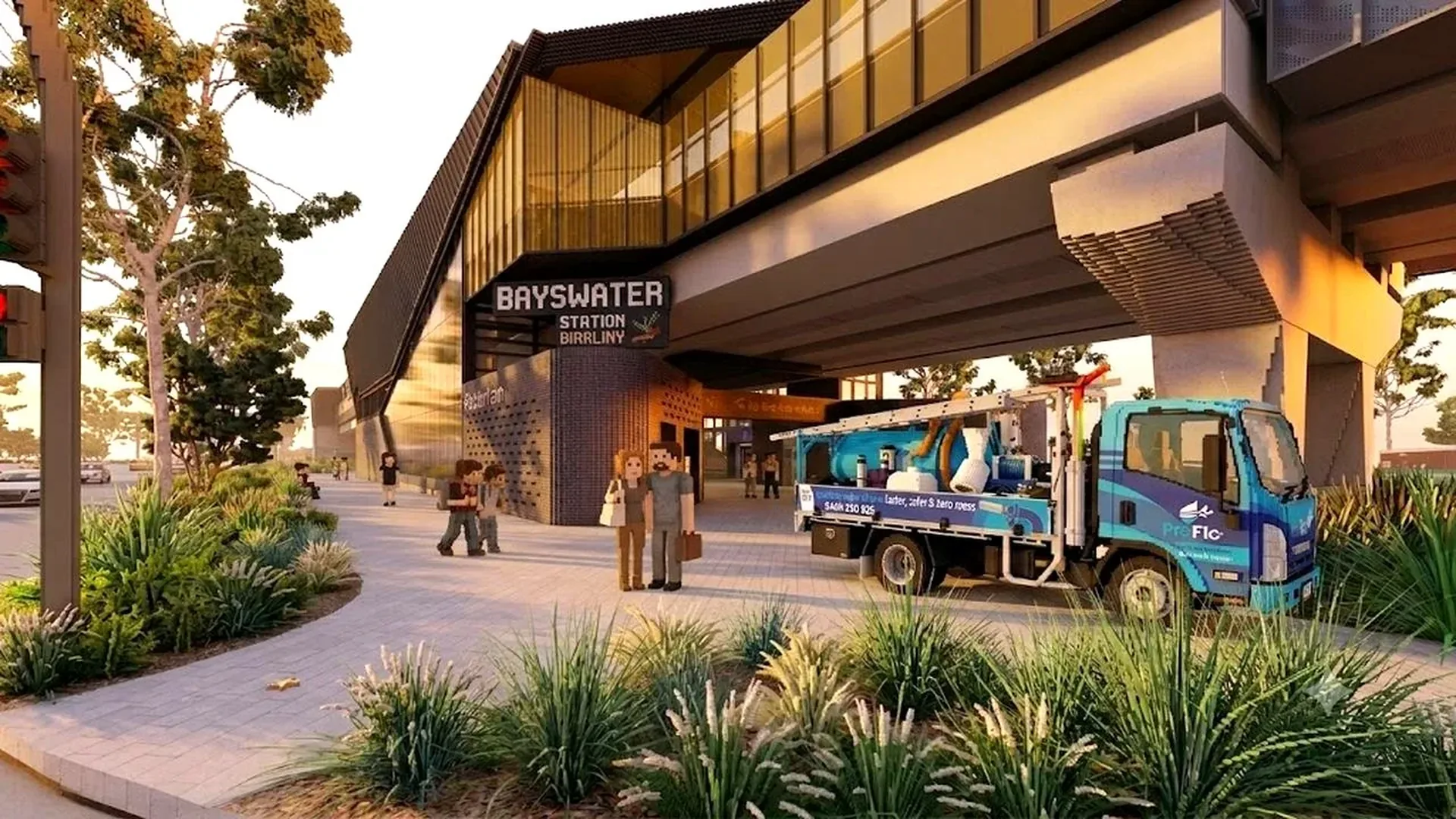 ProFlo WA vacuum gutter cleaning truck at Bayswater Station, Perth - voxel render of the station precinct and river suburb streetscape