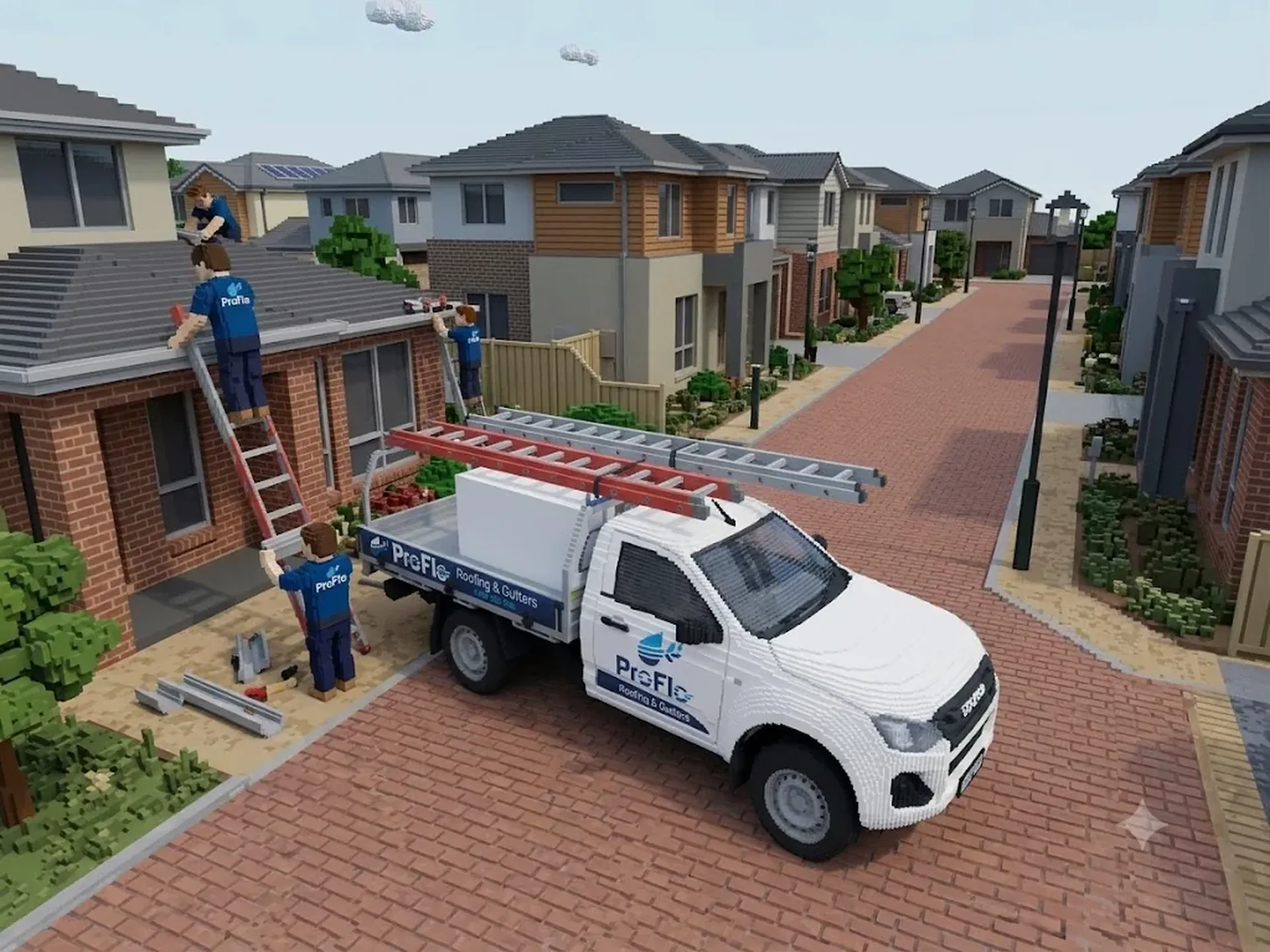 ProFlo Roofing & Gutters crew on ladders repairing tiles on a Perth estate home, with the ProFlo ute parked on the street below