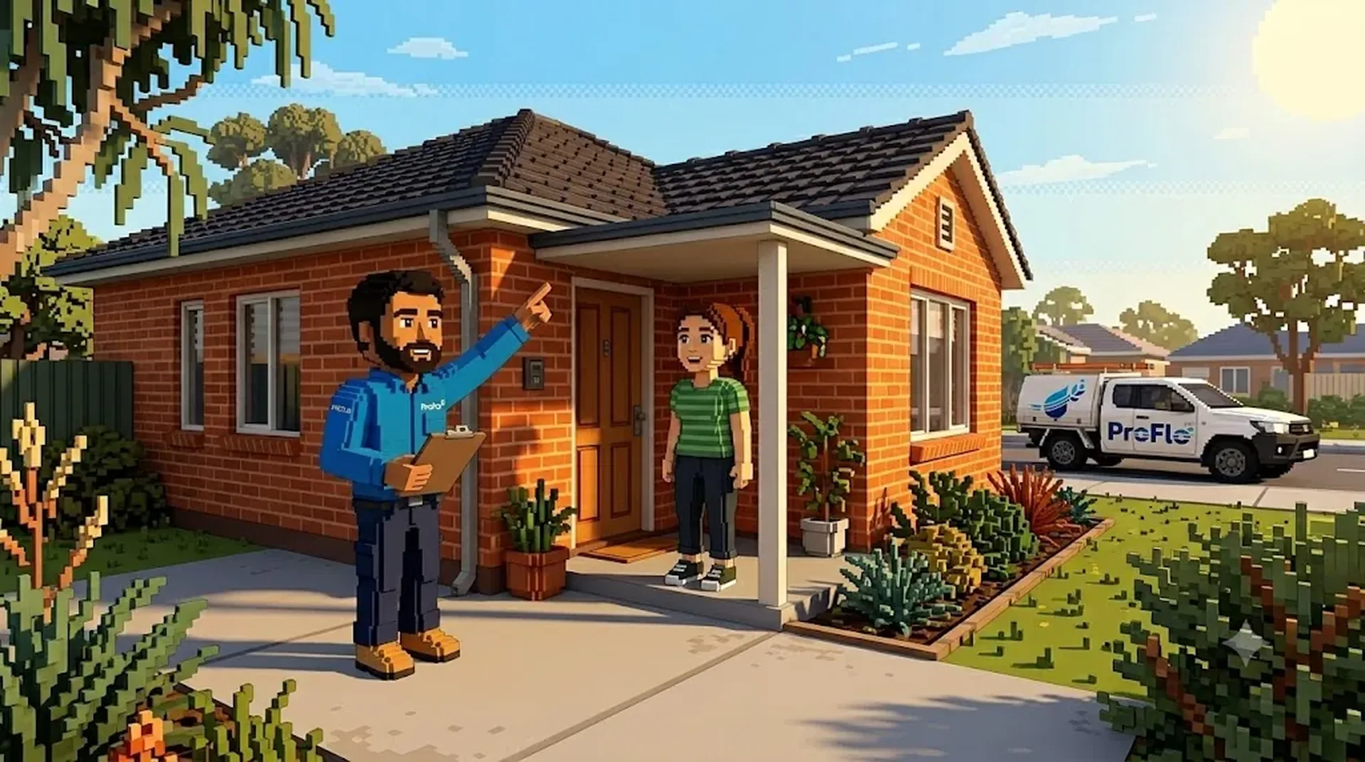 ProFlo WA technician explaining roof inspection to Perth homeowner at front door