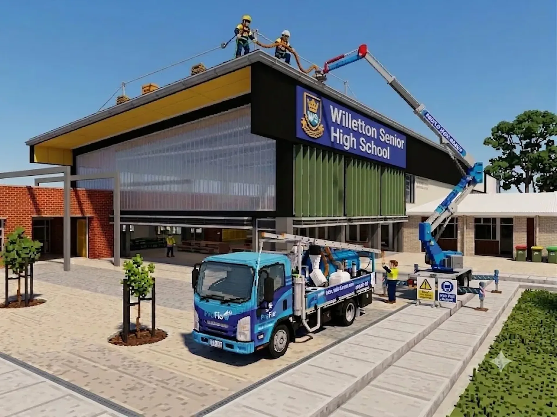 ProFlo WA vacuum gutter cleaning truck and elevated work platform outside Willetton Senior High School, with crew working safely on the roof