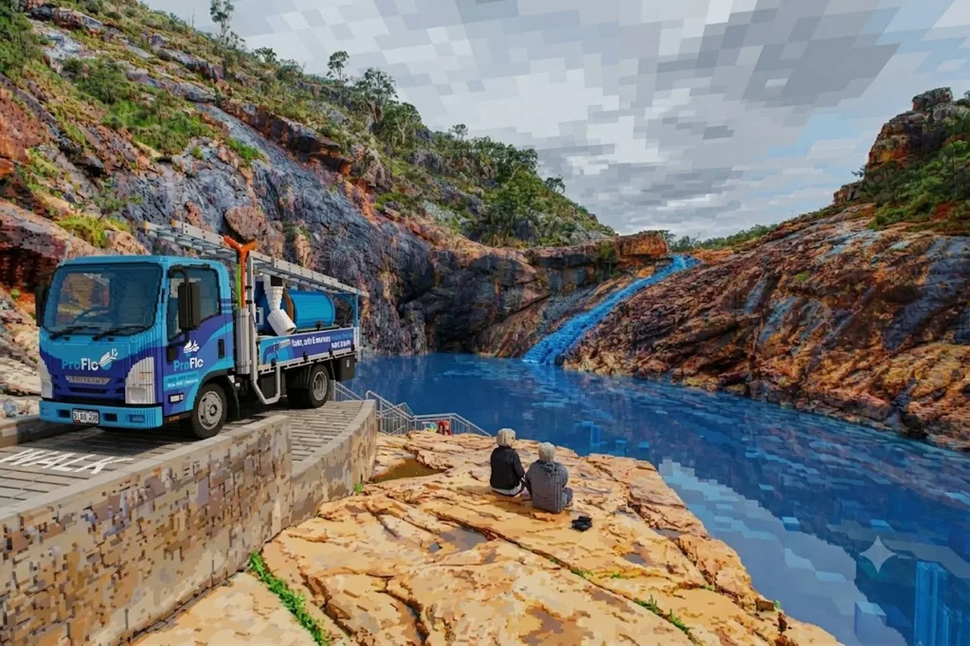ProFlo WA vacuum gutter cleaning truck at a dramatic granite gorge and waterfall in the Jarrahdale hills, with two people sitting on the rocks