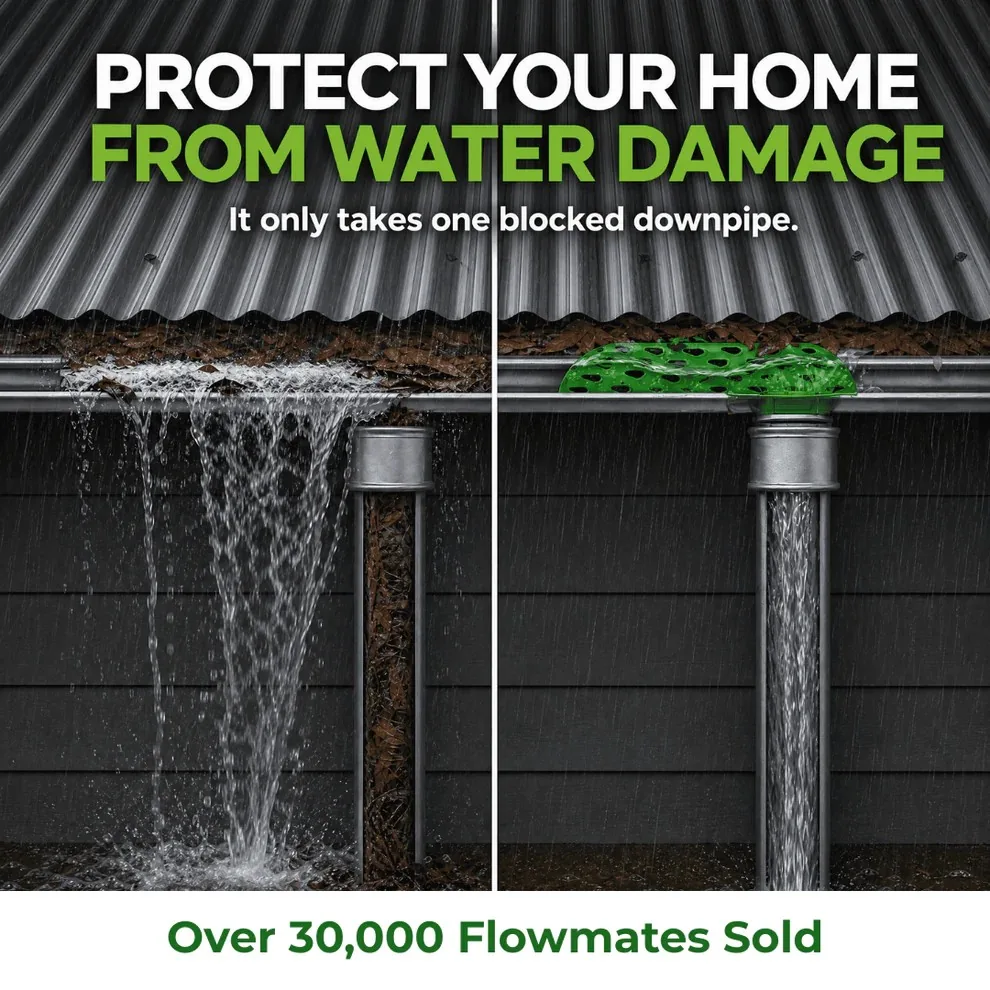 Before and after: blocked downpipe overflow versus FlowMate keeping water flowing