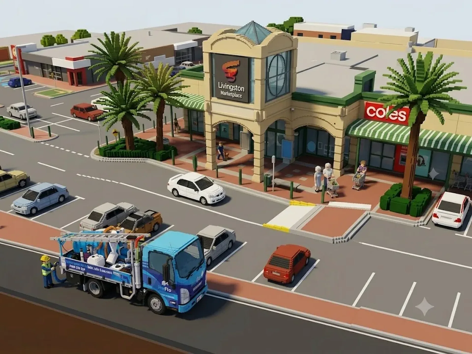 ProFlo WA vacuum gutter cleaning truck outside Livingston Marketplace Canning Vale with Coles supermarket in the background