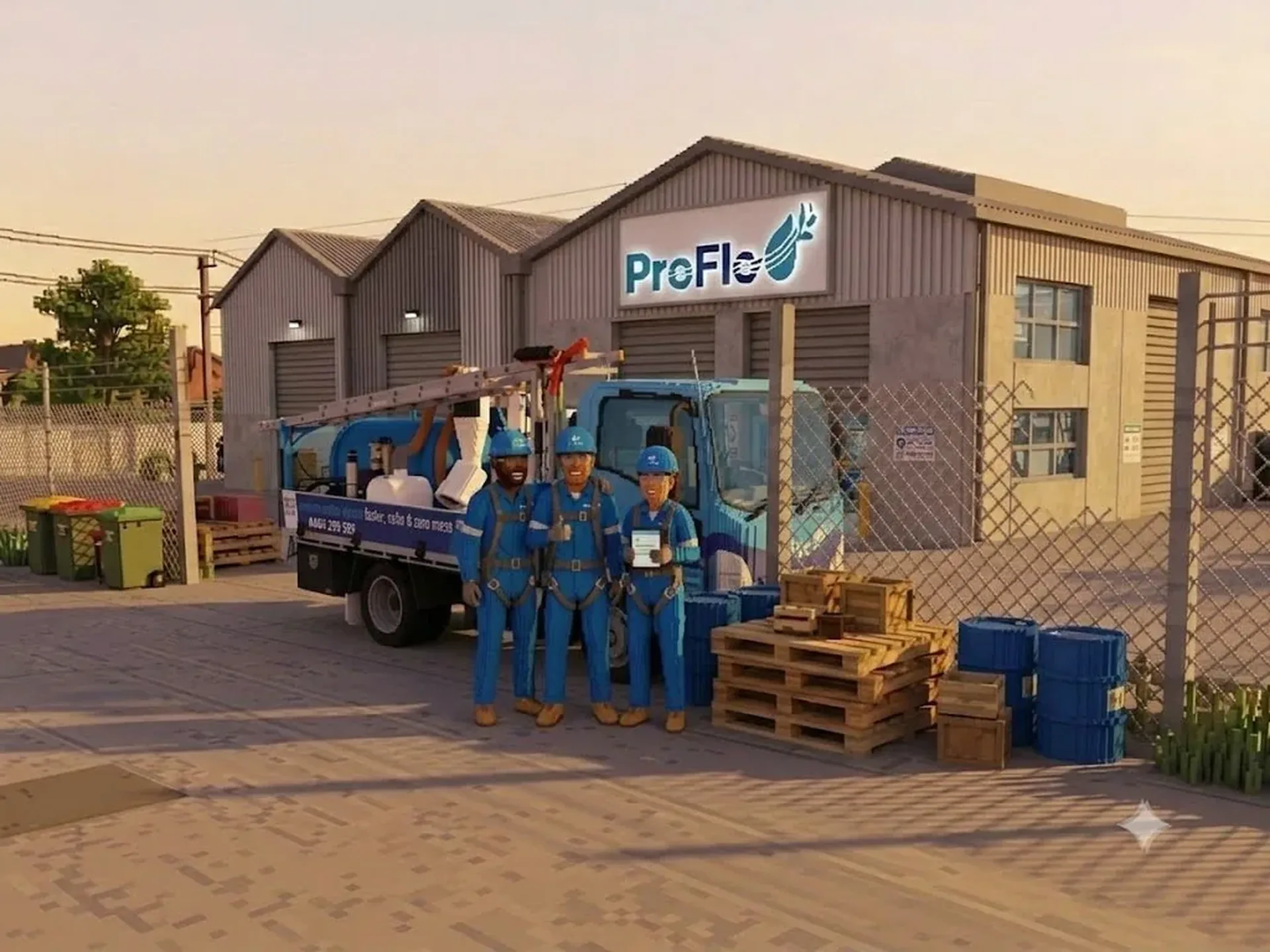 Three ProFlo WA crew members in full PPE standing at the Naval Base depot in front of the ProFlo vacuum truck - voxel render