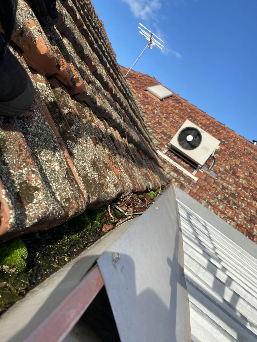 Mossy tile-roof valley filled with debris before ProFlo vacuum cleaning, Perth