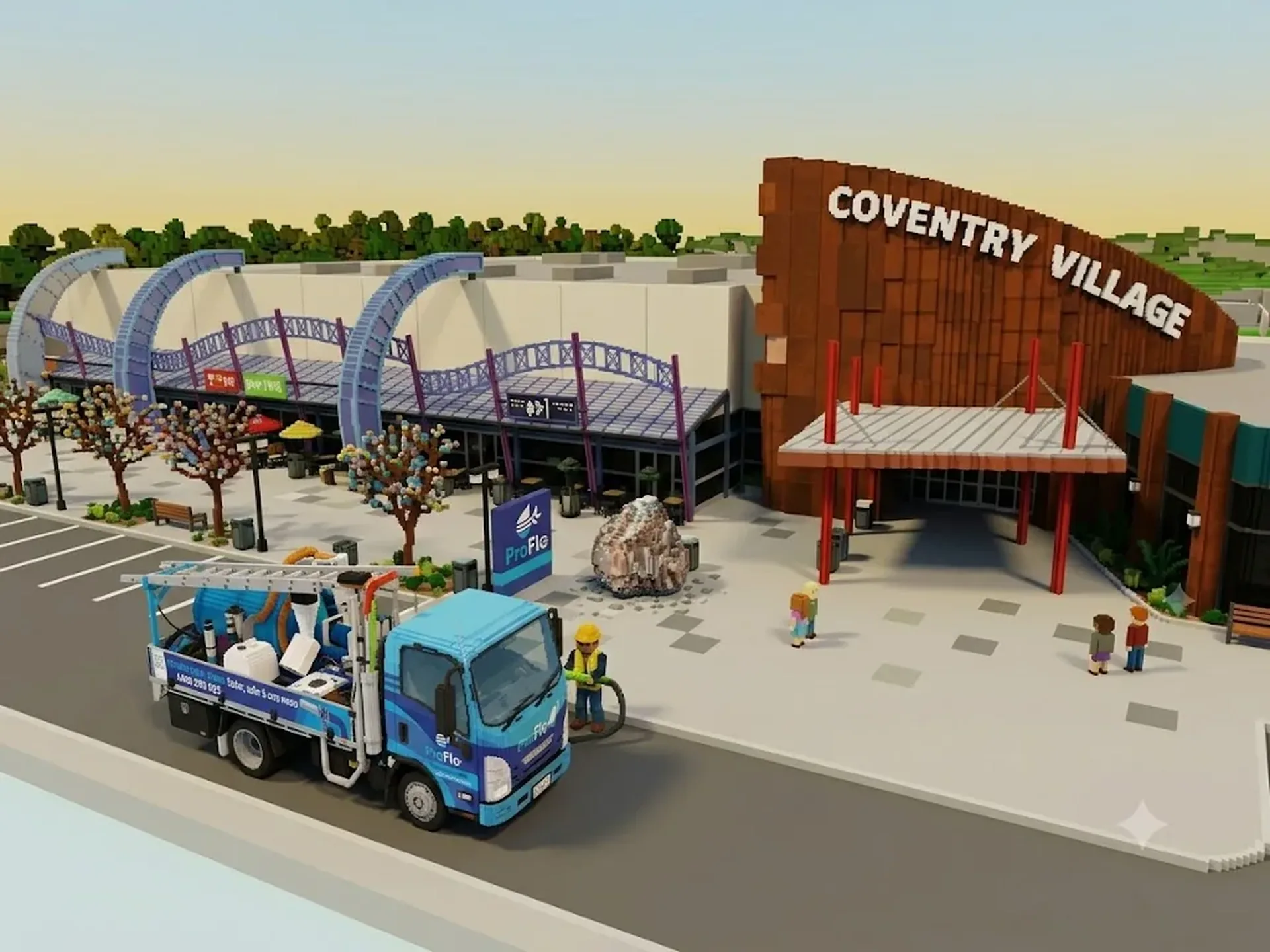 ProFlo WA vacuum gutter cleaning truck outside Coventry Village shopping centre in Morley, a major retail hub in Perth's northern suburbs