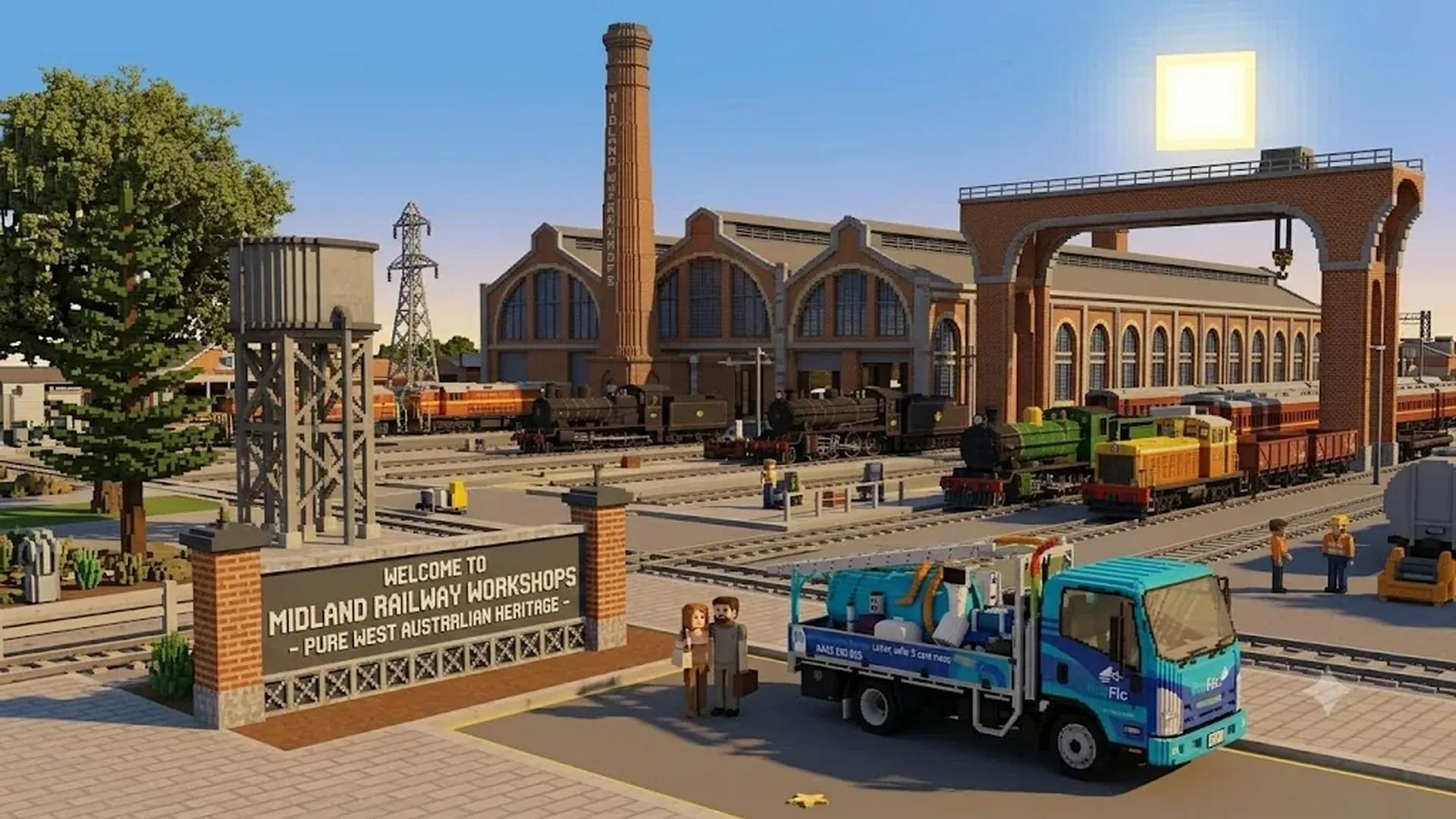 ProFlo WA vacuum gutter cleaning truck at Midland Railway Workshops heritage site with trains in the voxel background