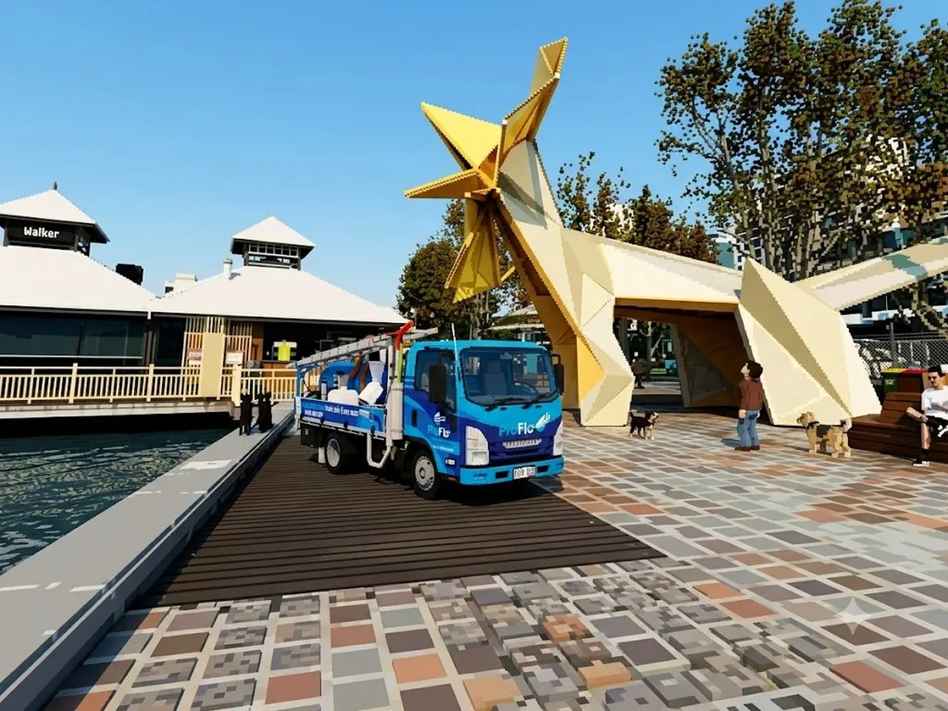 ProFlo WA vacuum gutter cleaning truck at South Perth foreshore near the iconic Southern Star sculpture and Mends Street Jetty