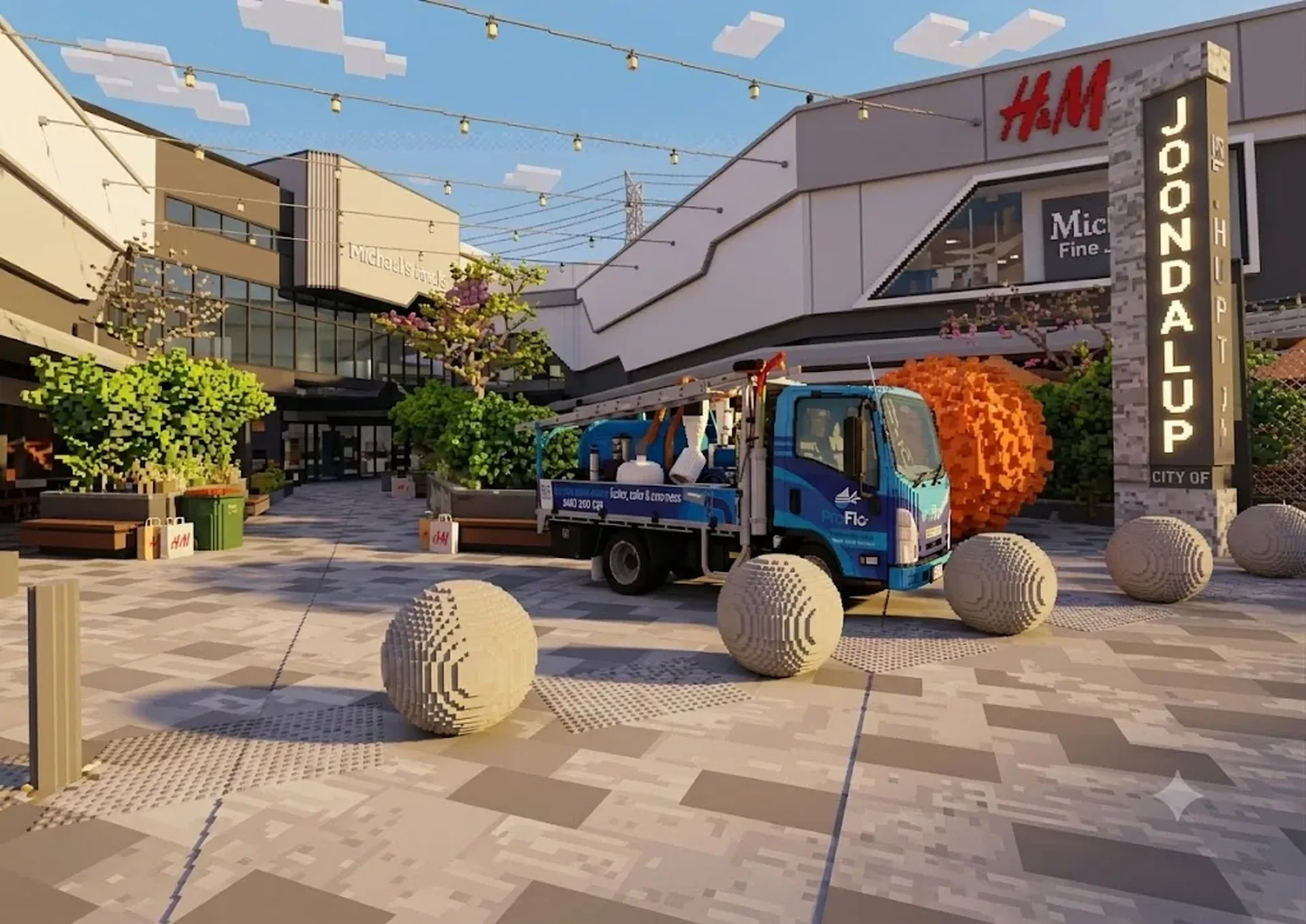 ProFlo WA vacuum gutter cleaning truck outside Lakeside Joondalup, North Perth - voxel render of the Joondalup city centre precinct