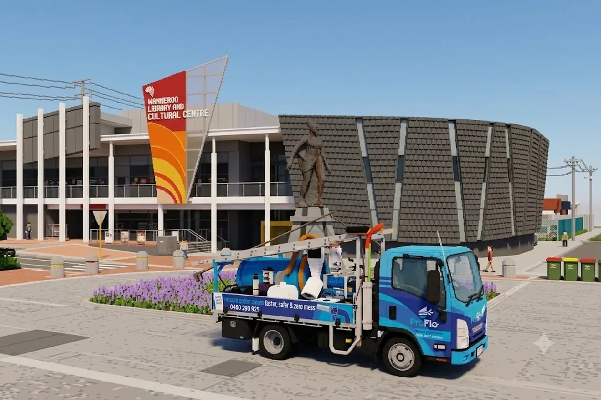 ProFlo WA vacuum gutter cleaning truck outside Wanneroo Library and Cultural Centre, North Perth - voxel render of the Wanneroo civic precinct