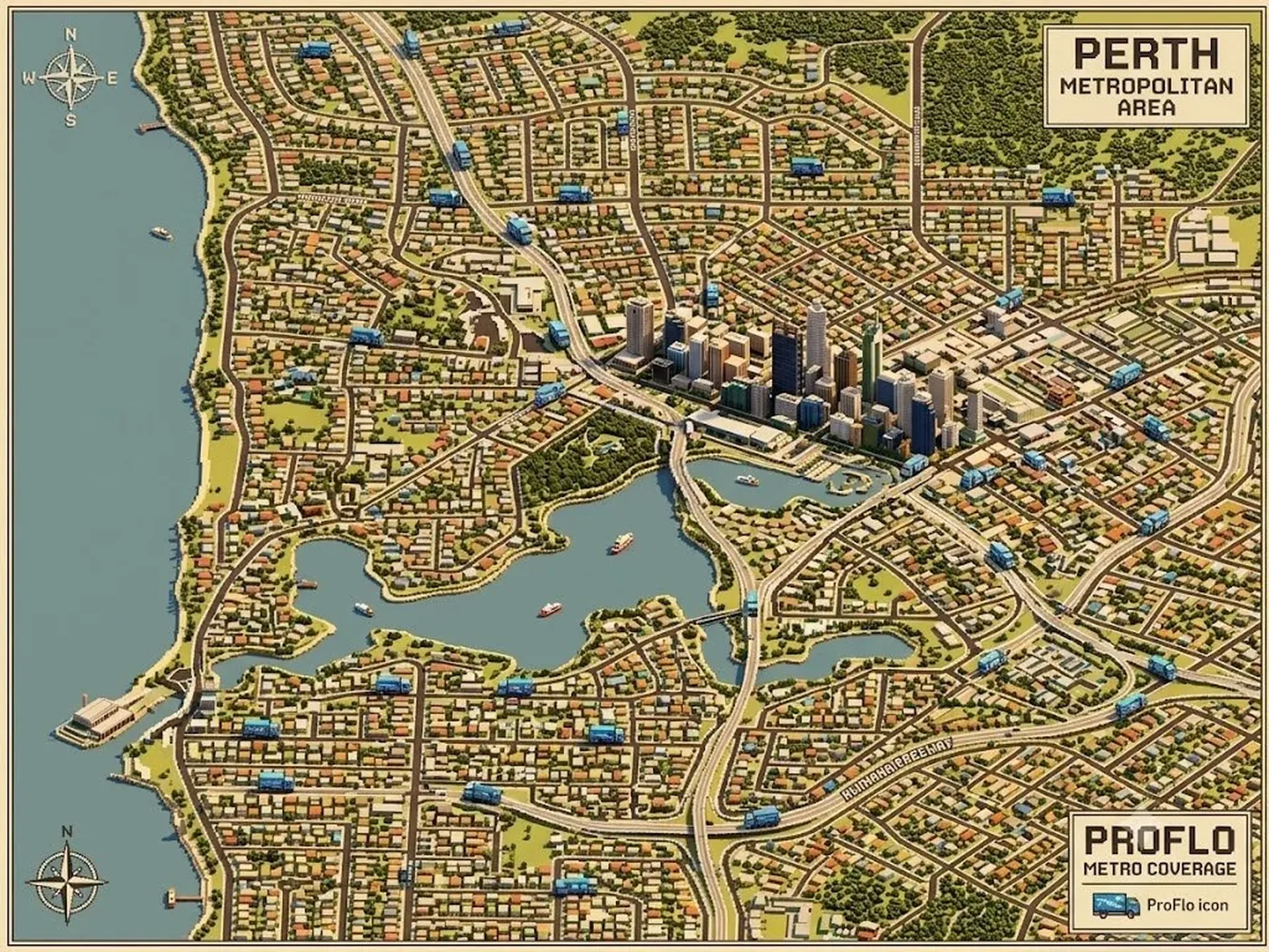 Voxel map of the Perth Metropolitan Area showing ProFlo WA truck coverage across suburbs from Joondalup to Mandurah