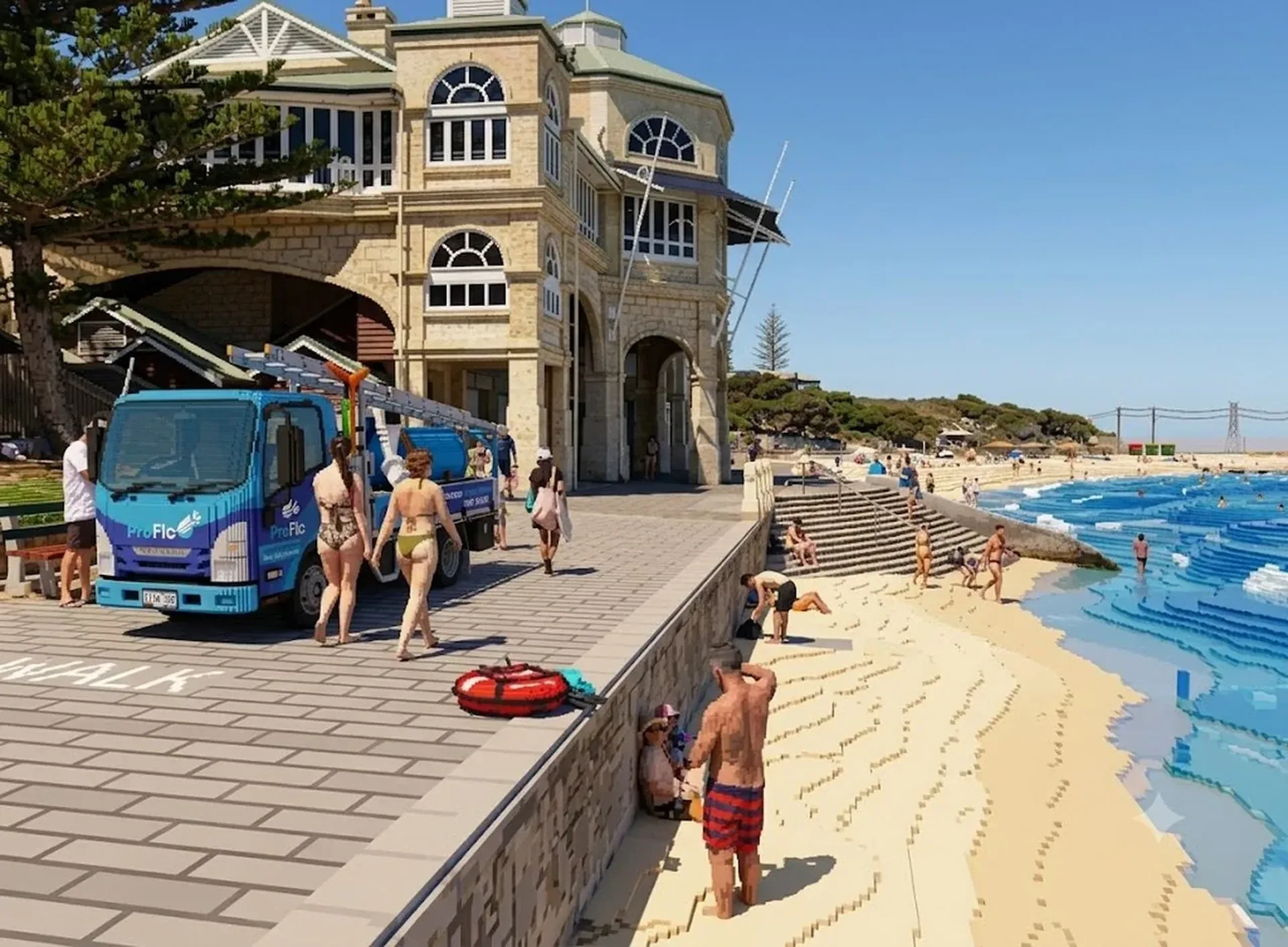 ProFlo WA vacuum gutter cleaning truck at Cottesloe Beach, Western Suburbs Perth - voxel render of the Cottesloe foreshore with Norfolk pines and heritage homes
