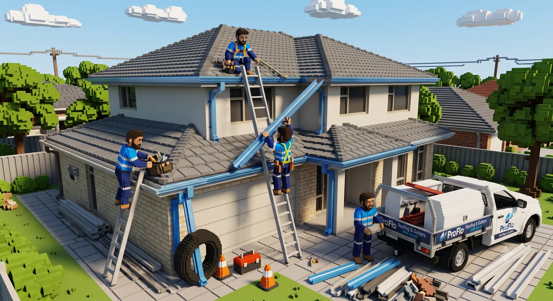ProFlo Roofing & Gutters crew installing new gutters on a Perth home