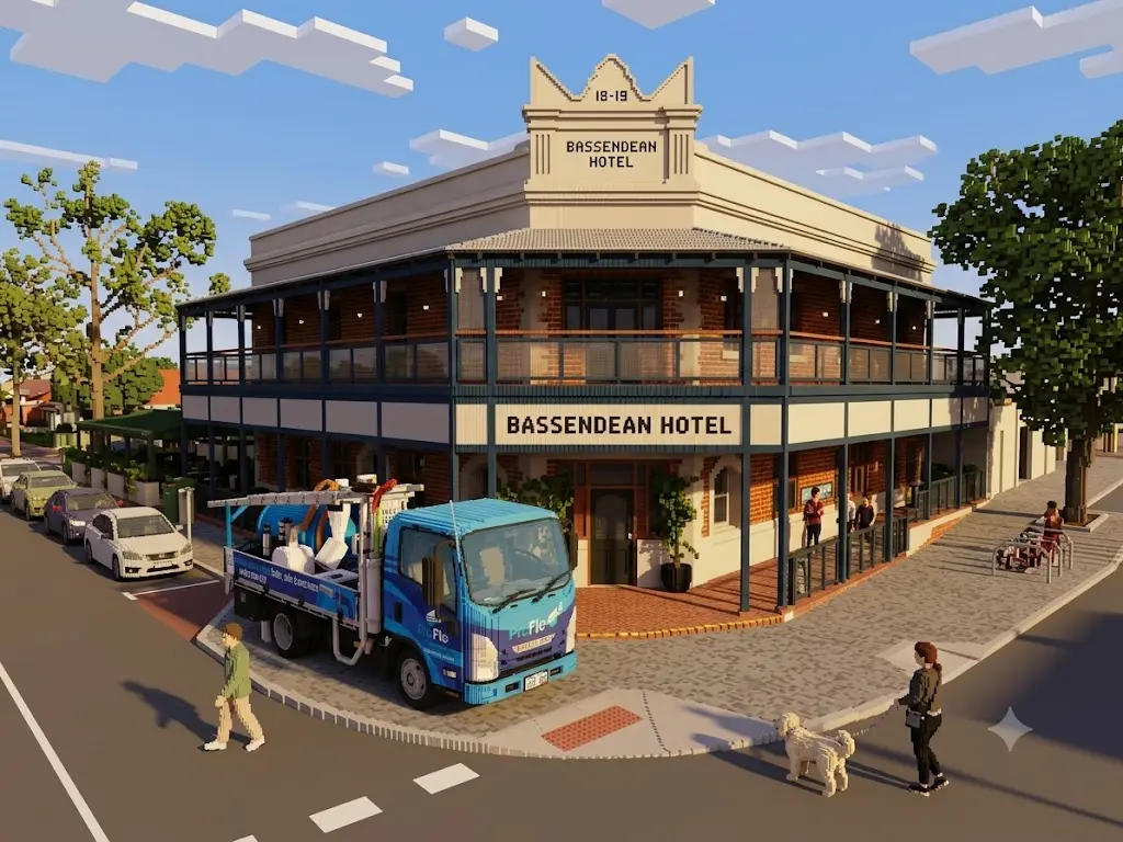 ProFlo WA vacuum gutter cleaning truck outside Bassendean Hotel heritage building