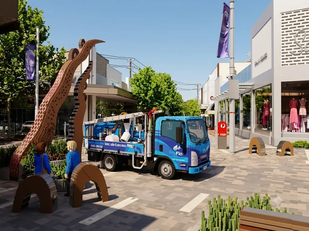 ProFlo WA vacuum gutter cleaning truck in Claremont shopping precinct Perth