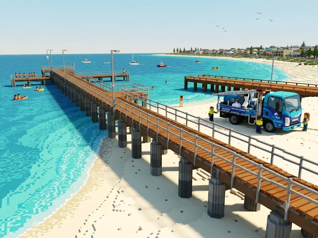 ProFlo WA vacuum gutter cleaning truck at Coogee Beach pier Perth
