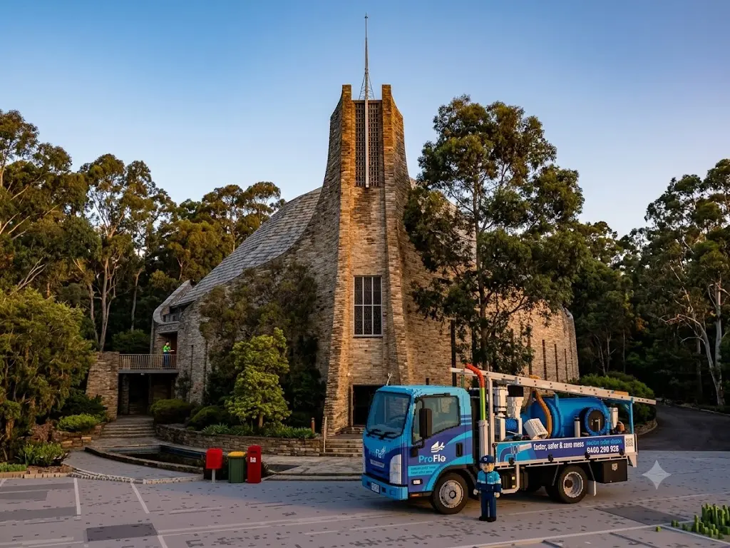 ProFlo WA vacuum gutter cleaning truck in Doubleview Perth at stone church landmark