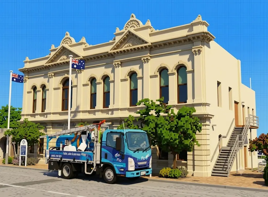 ProFlo WA vacuum gutter cleaning truck outside a heritage building in East Fremantle Perth