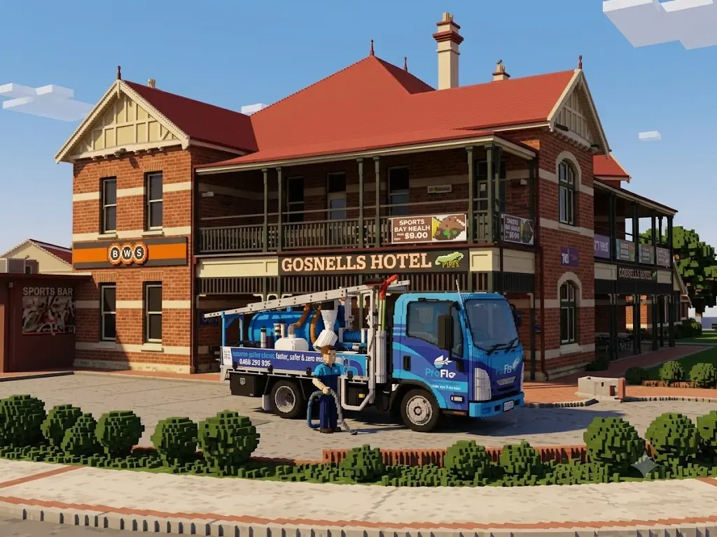 ProFlo WA vacuum gutter cleaning truck outside Gosnells Hotel heritage building