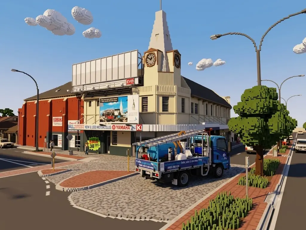 ProFlo WA vacuum gutter cleaning truck at Inglewood town centre clock tower Perth