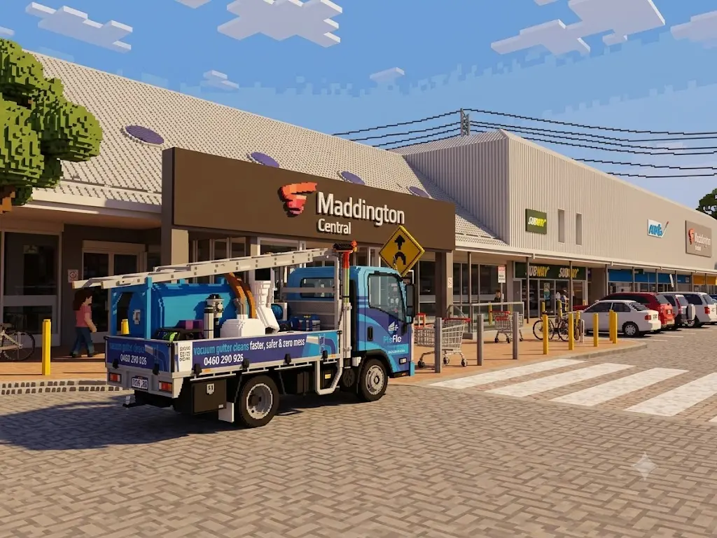 ProFlo WA vacuum gutter cleaning truck outside Maddington Central shopping centre