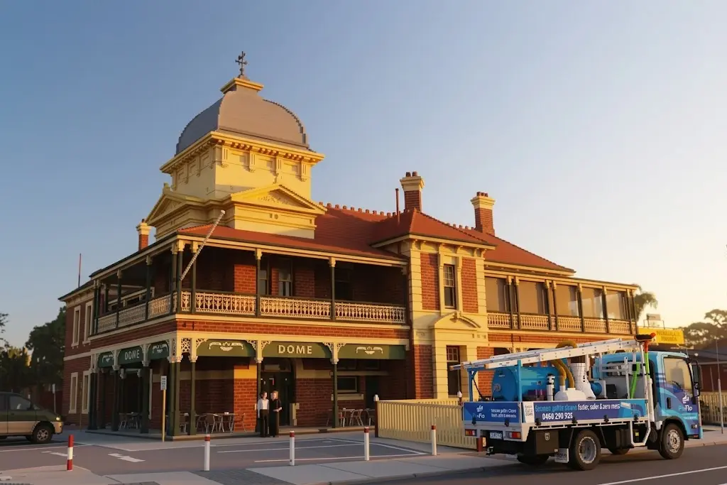 ProFlo WA vacuum gutter cleaning truck outside the Maylands Peninsula Hotel heritage building