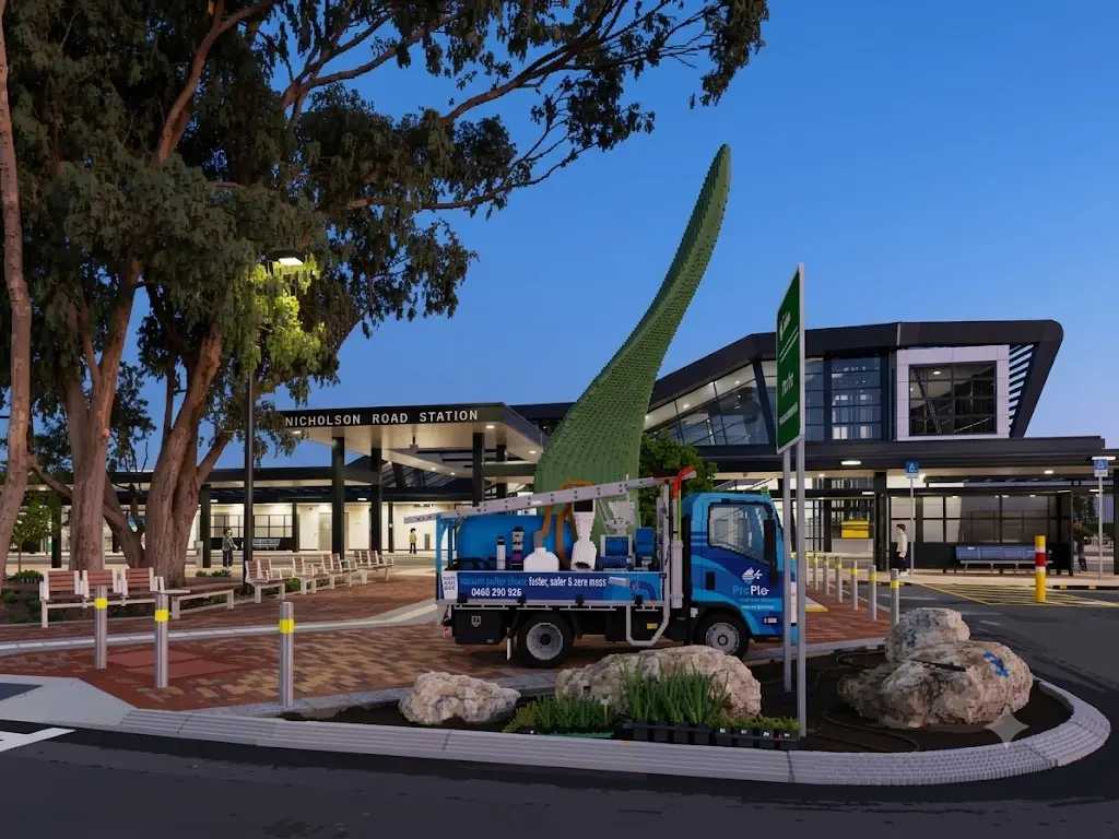 ProFlo WA vacuum gutter cleaning truck at Nicholson Road Station Thornlie at dusk