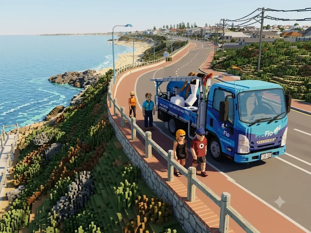 ProFlo WA vacuum gutter cleaning truck on coastal road at Trigg Beach Perth