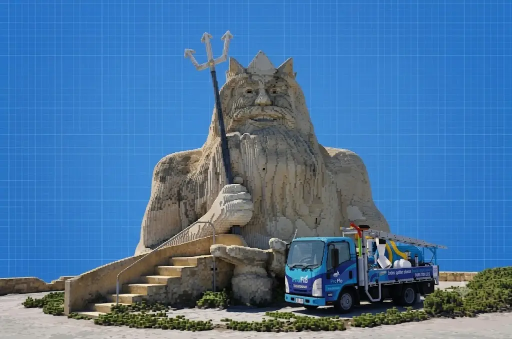 ProFlo WA vacuum gutter cleaning truck at the Yanchep Neptune statue near Two Rocks Perth