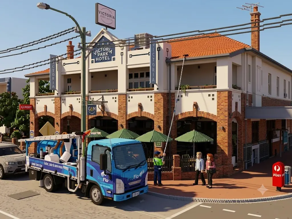 ProFlo WA vacuum gutter cleaning truck outside Victoria Park Hotel on Albany Highway