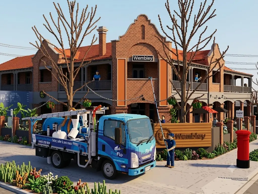 ProFlo WA vacuum gutter cleaning truck outside Wembley Hotel heritage building