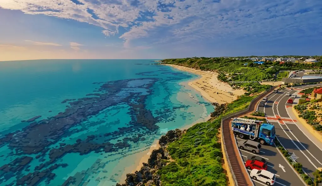 ProFlo WA vacuum gutter cleaning truck on the coastal road overlooking Yanchep Lagoon Perth