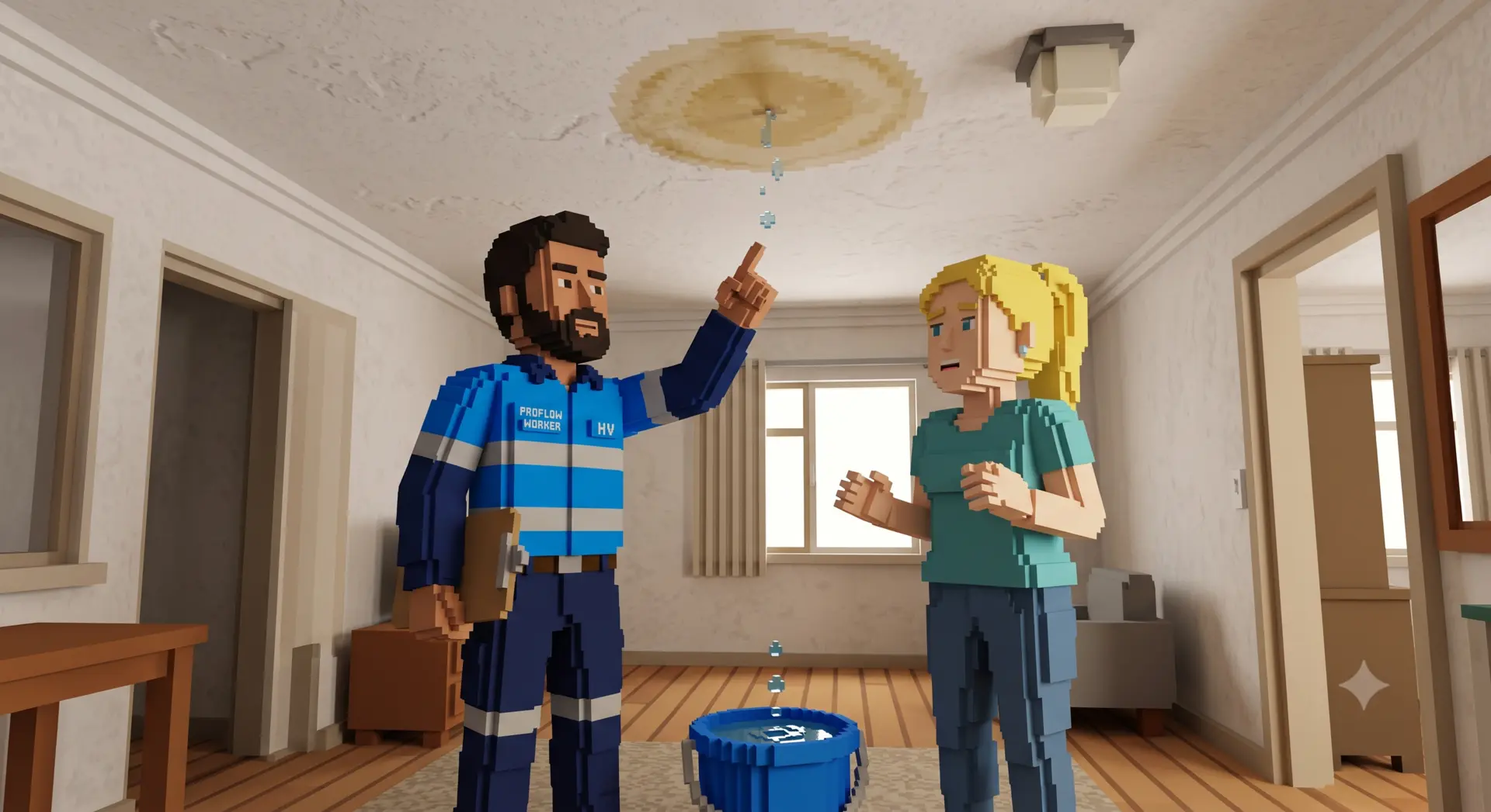 ProFlo WA technician pointing out a roof leak to a homeowner inside a Perth home