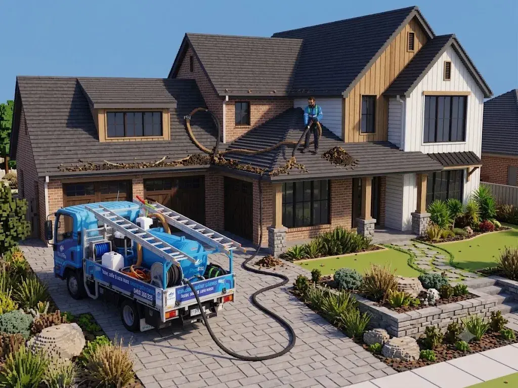 ProFlo WA technician vacuum cleaning gutters on a Perth home with branded truck in driveway