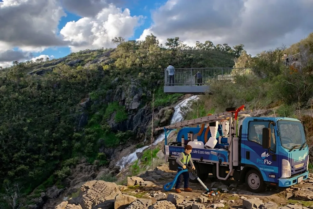 ProFlo WA vacuum gutter cleaning truck at Lesmurdie Falls lookout in the Perth Hills