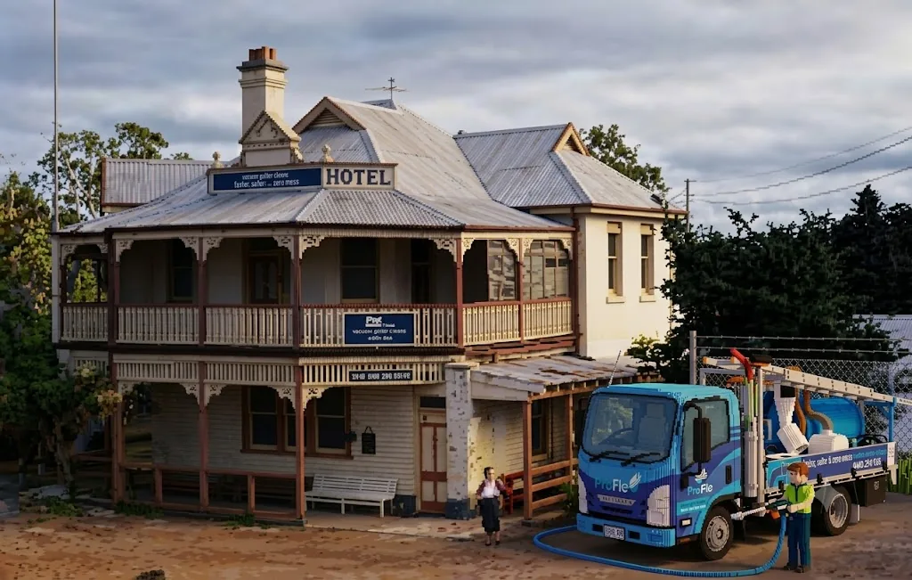 ProFlo WA vacuum gutter cleaning truck outside the historic Mundaring Hotel in the Perth Hills
